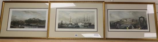 Three 19th century coloured engravings, Views of Arundel, Brighton and Sheerness, 24 x 45cm